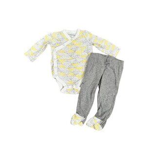 Burts Bees Baby 0-3M Organic Cotton Bodysuit & Footed Pants Set Grey/Yellow